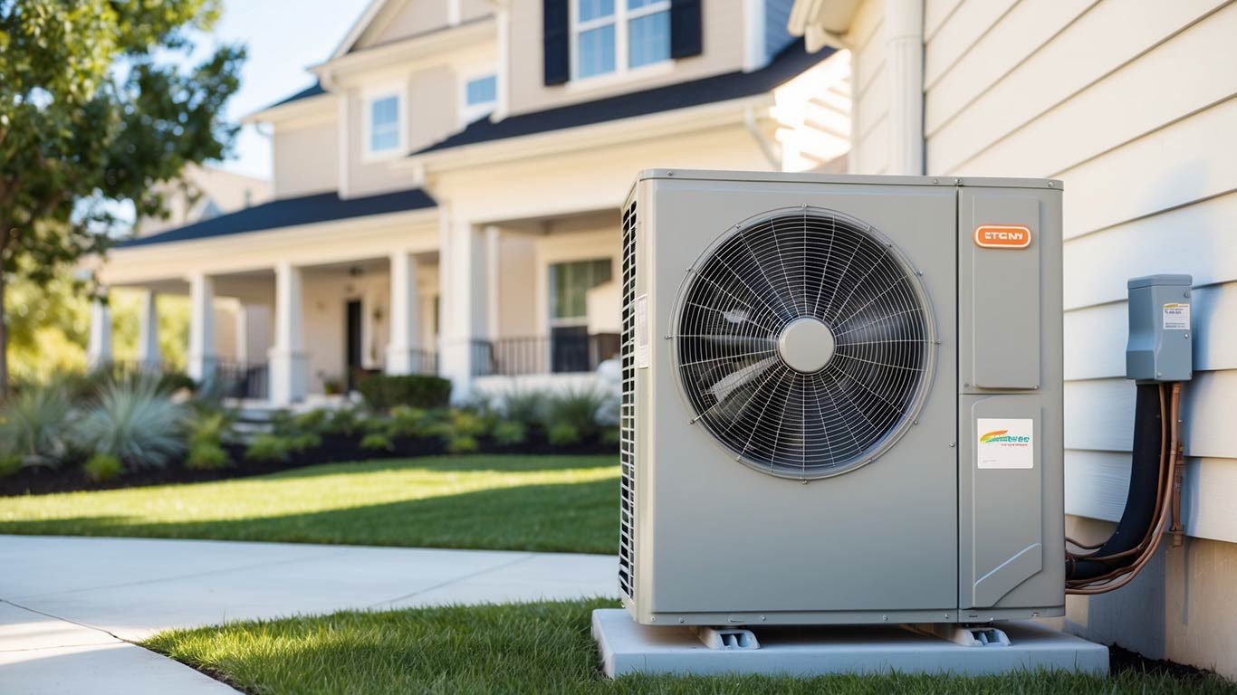 Air-source heat pump installed outside a modern home for efficient heating and cooling.