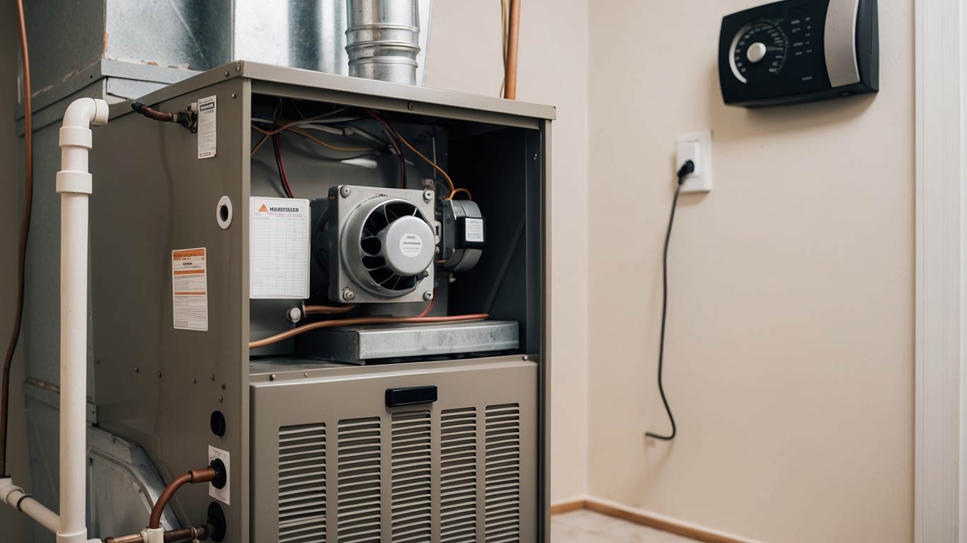 Close-up of a home furnace with visible thermostat, illustrating common issues that cause continuous furnace operation.